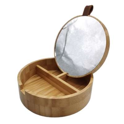 Round shape travel  bamboo cosmetic makeup organizer with mirror container storage box